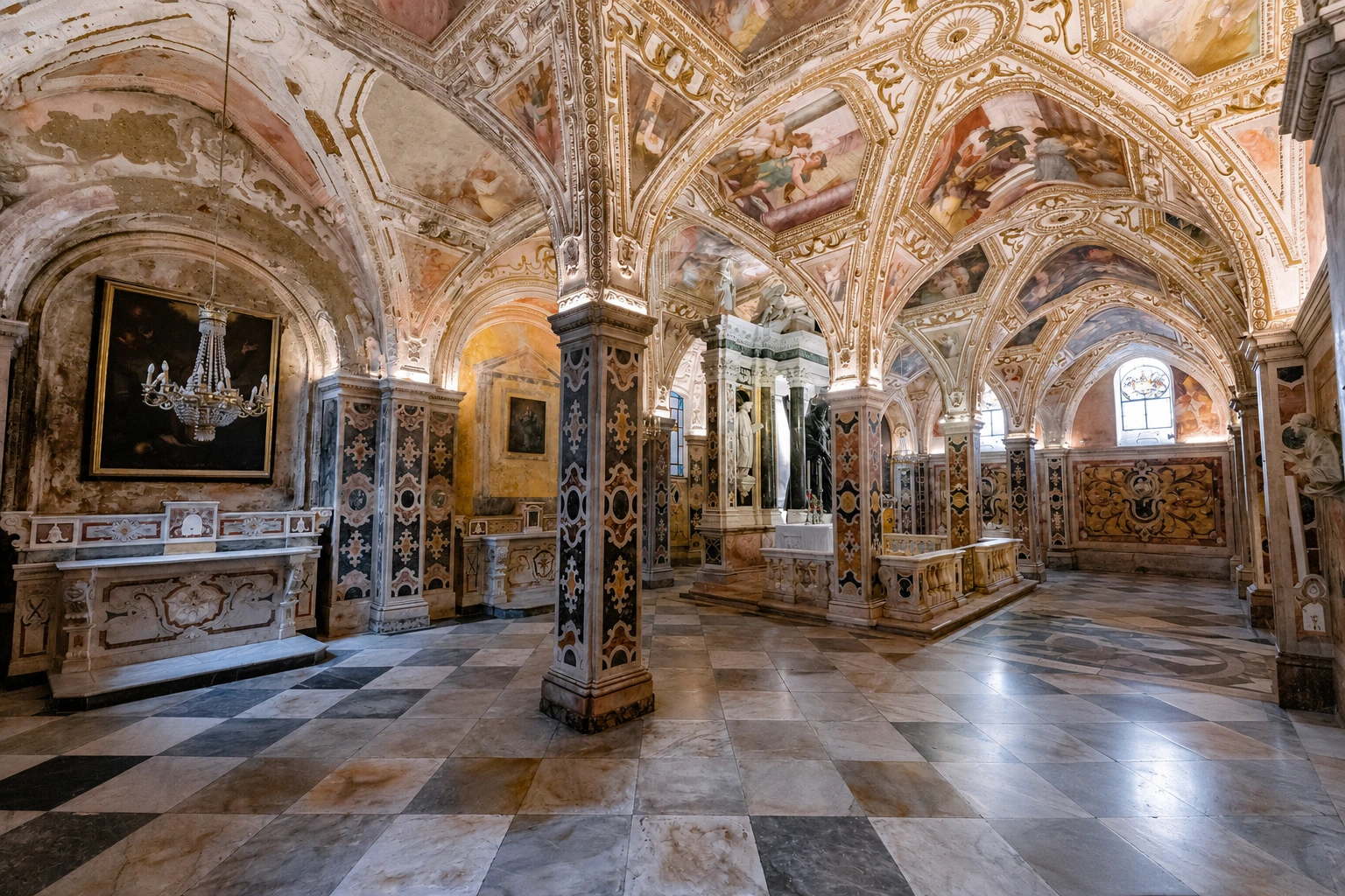 Interno della cripta del Duomo di Amalfi con affreschi, colonne decorate e pavimento in marmo
