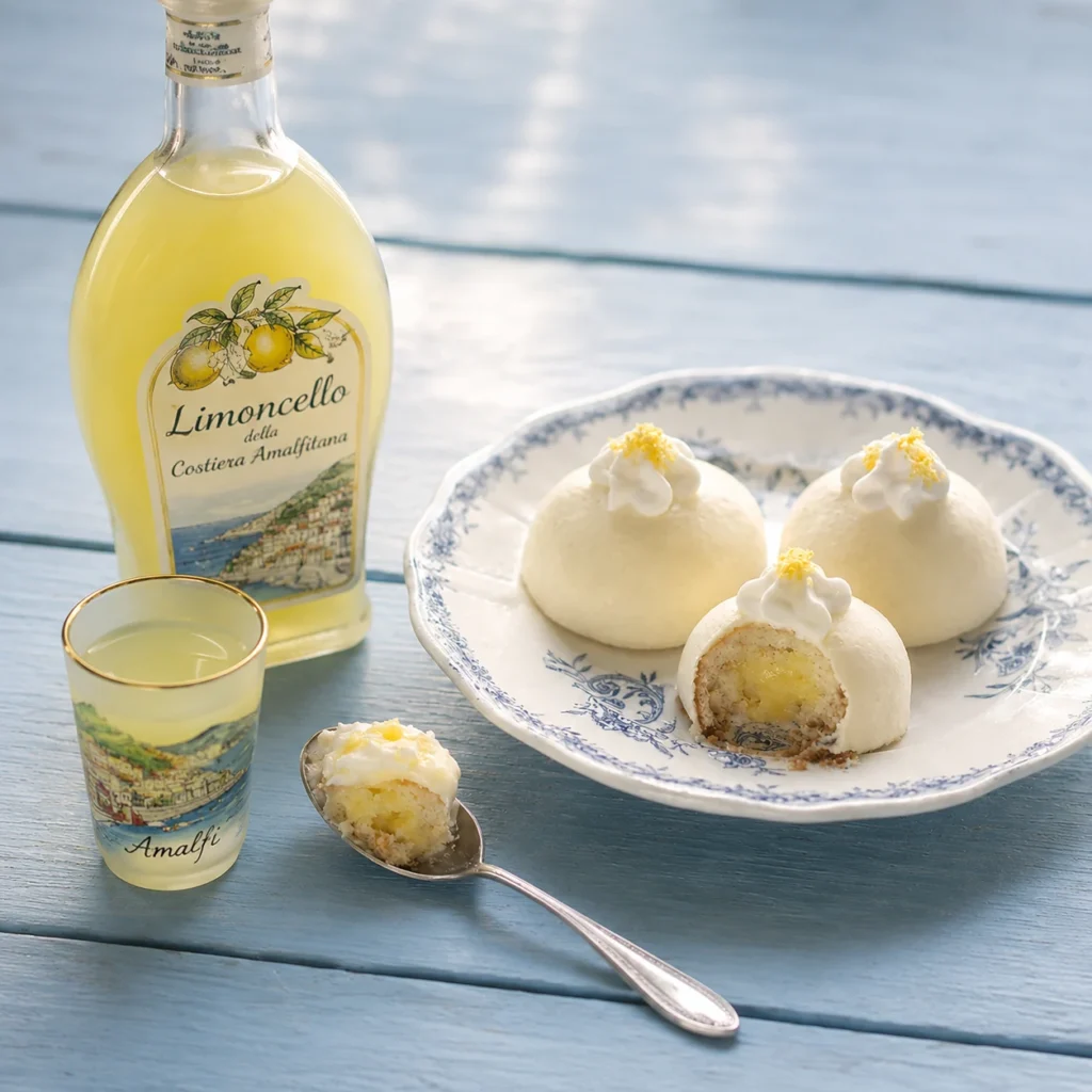 Delizie al limone e limoncello tipici della Costiera Amalfitana su tavolo azzurro