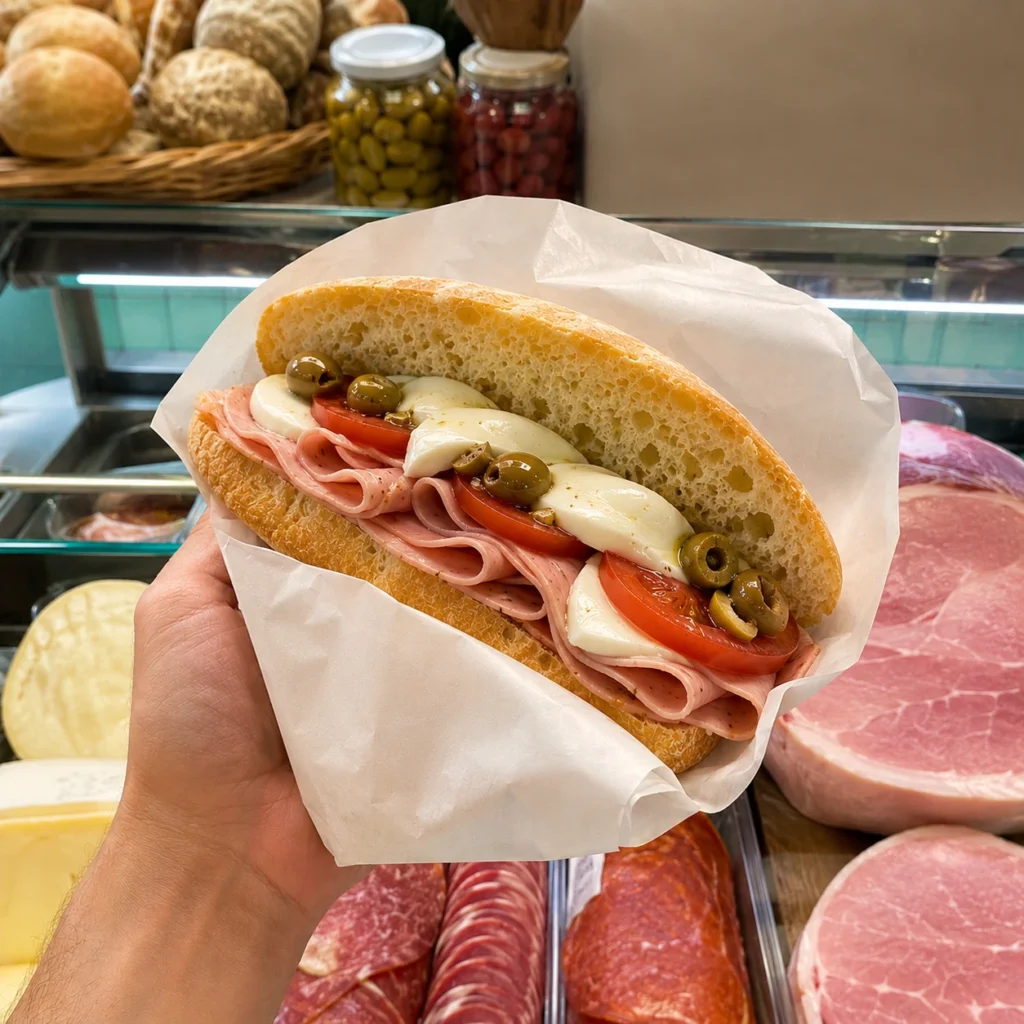 Panino tipico preparato in una salumeria di Salerno prima della partenza per Positano