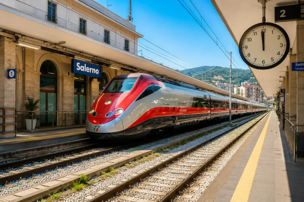 Frecciarossa alla stazione di Salerno per iniziare un viaggio in Costiera Amalfitana senza auto