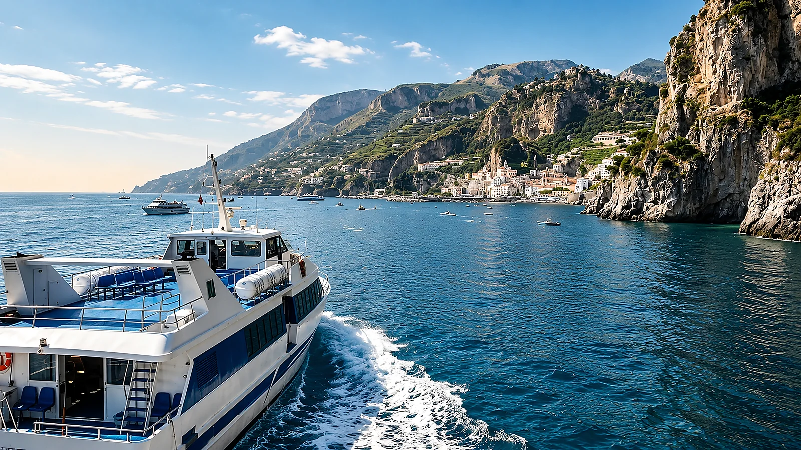 Traghetto lungo la Costiera Amalfitana con vista panoramica sul mare e sui paesi della costa
