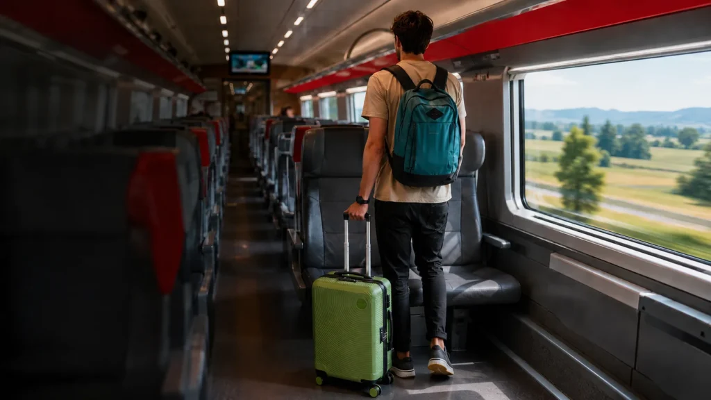 Viaggio in treno Frecciarossa e Italo con zaino Decathlon Escape 500 16L verde, trolley CABIN GO e scarpe trail running Decathlon F190 Grip blu arancione