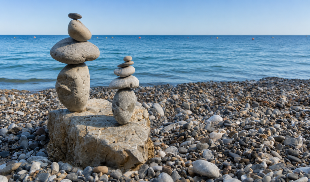 Stone balance sulla spiaggia di Scario con mare sullo sfondo