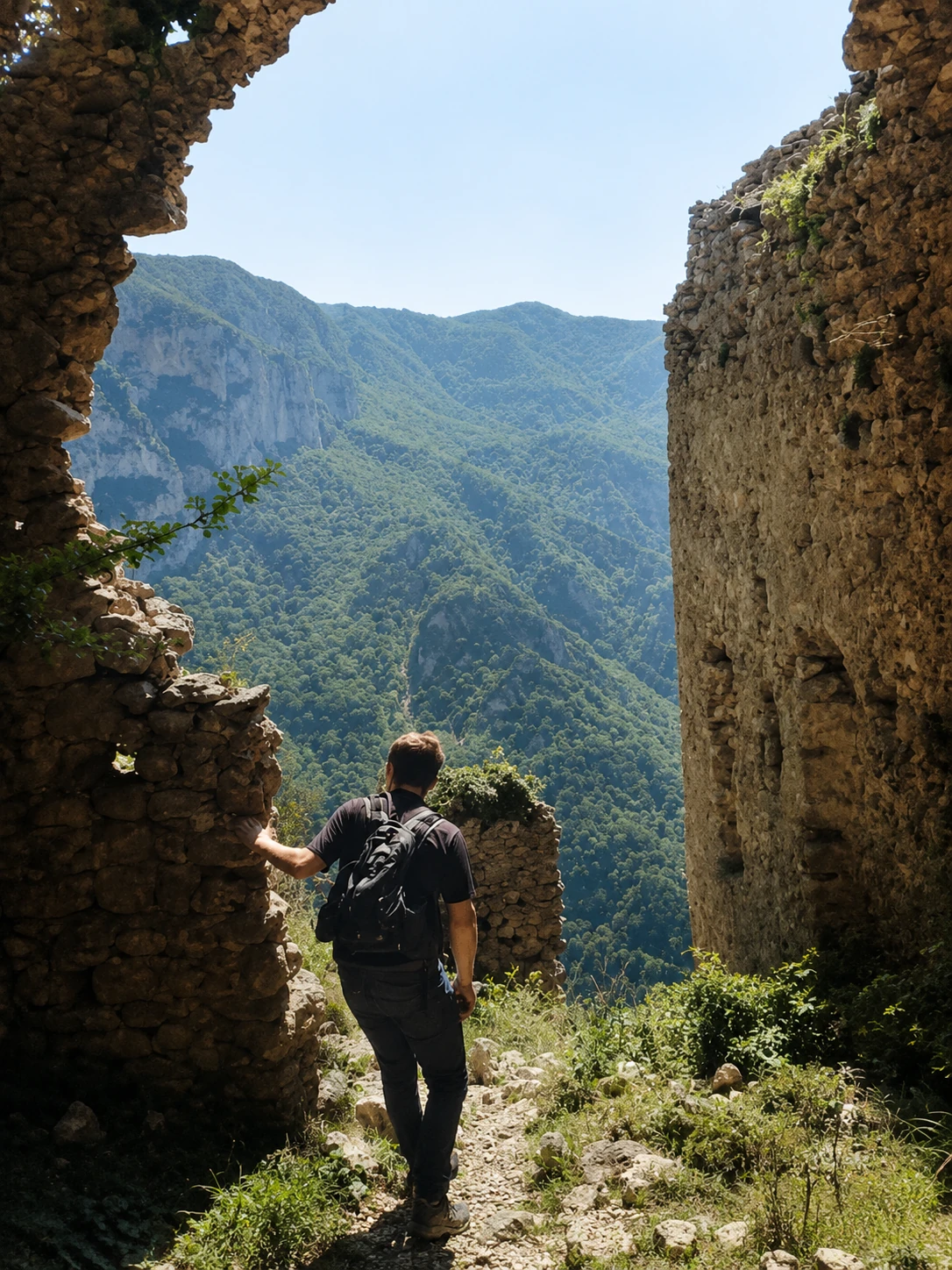 Escursionista tra i ruderi di un castello medioevale durante un trekking in montagna in Italia